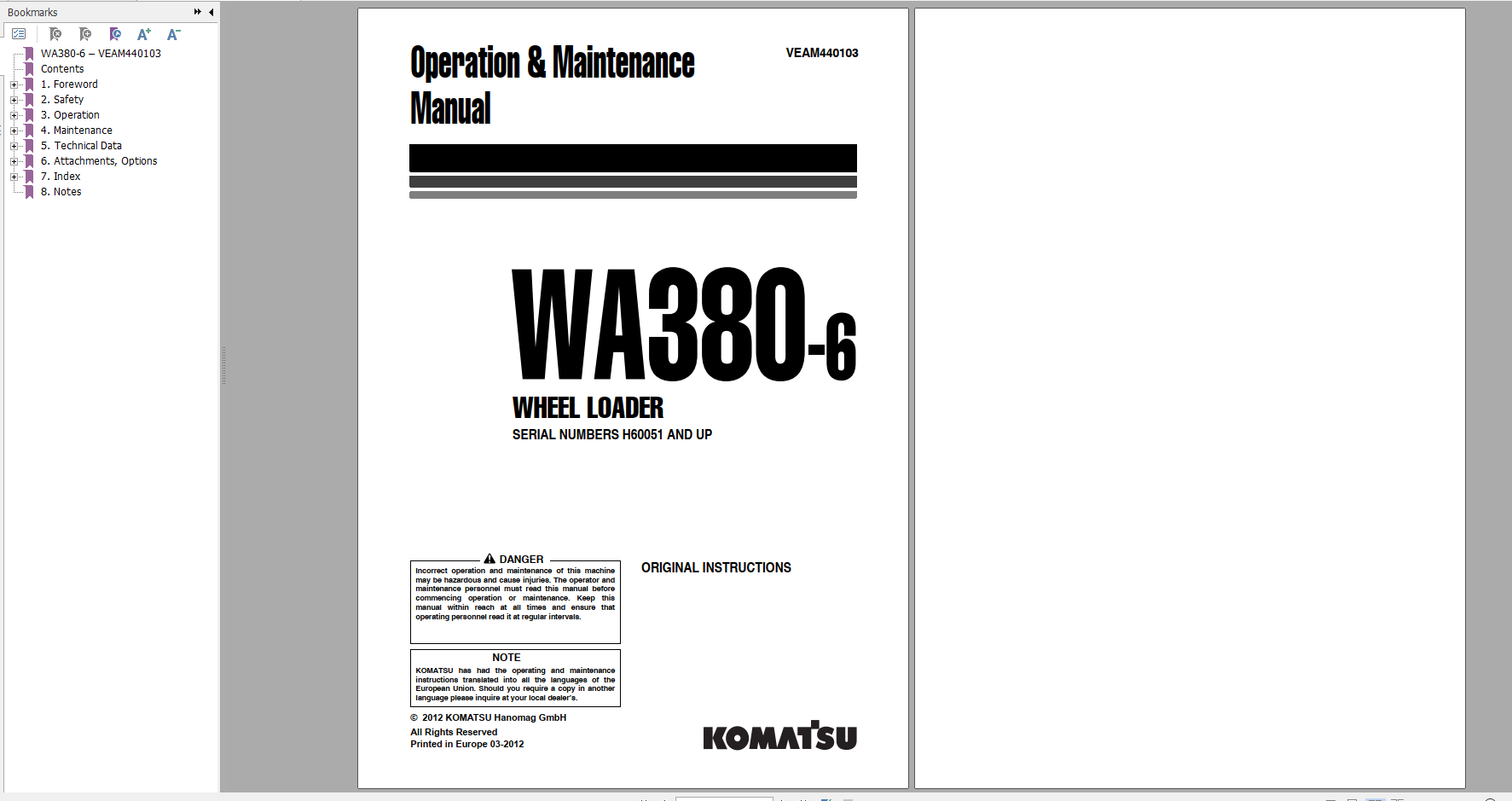 Komatsu Wheel Loader WA380 6 Operation Maintenance Manual VEAM440103 2012