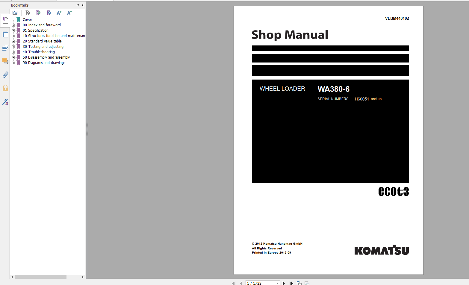 Komatsu Wheel Loader WA380 6 Shop Manual VEBM440102 2012