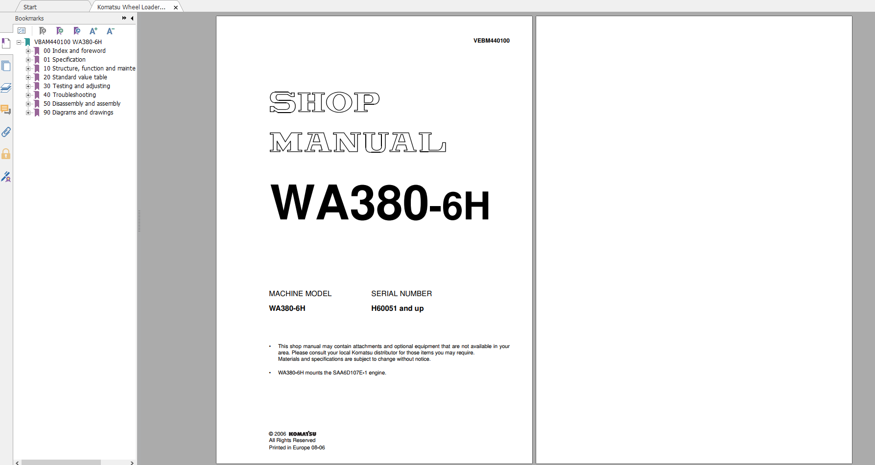 Komatsu Wheel Loader WA380 6H Shop Manual VEBM440100 2006