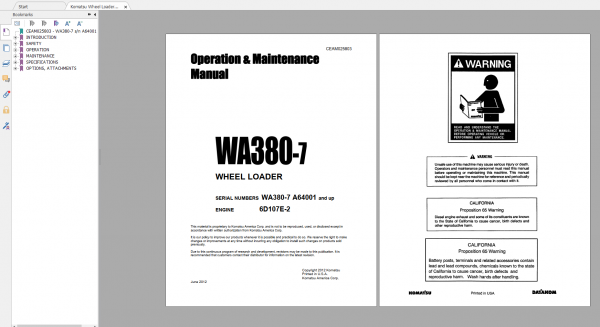 Komatsu Wheel Loader WA380 7 Engine 6D107E 2 Operation Maintenance Manual CEAM025803 2012