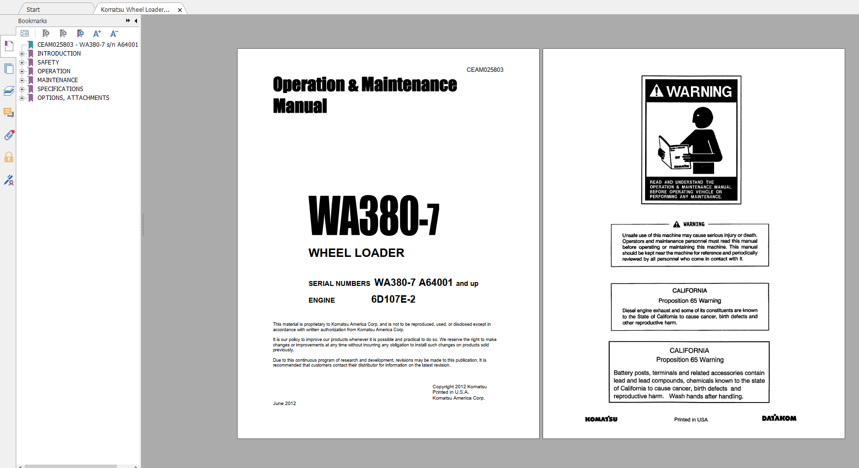 Komatsu Wheel Loader WA380 7 Engine 6D107E 2 Operation Maintenance Manual CEAM025803 2012