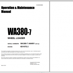 Komatsu Wheel Loader WA380 7 Engine 6D107E 2 Operation Maintenance Manual CEAM025805 2016