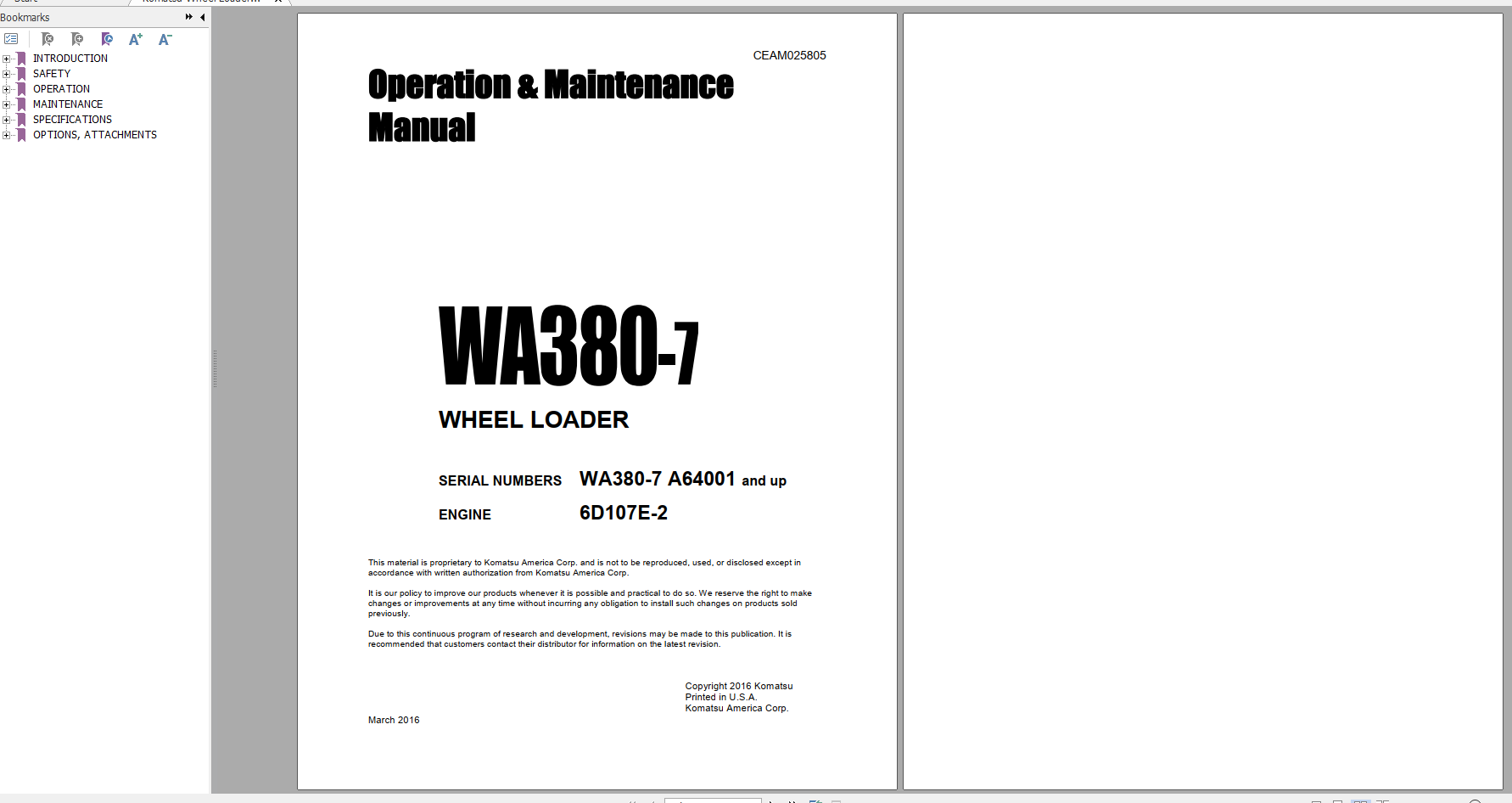 Komatsu Wheel Loader WA380 7 Engine 6D107E 2 Operation Maintenance Manual CEAM025805 2016