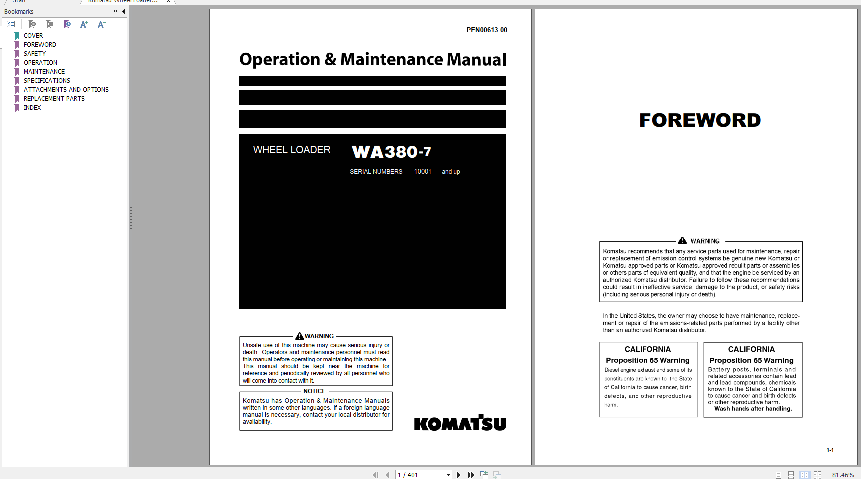 Komatsu Wheel Loader WA380 7 Operation Maintenance Manual PEN00613 00 2012