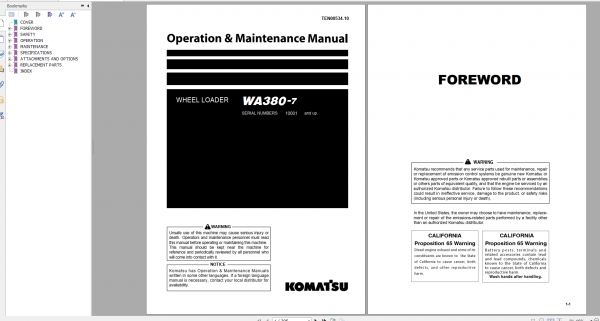 Komatsu Wheel Loader WA380 7 Operation Maintenance Manual TEN00534 10 2019