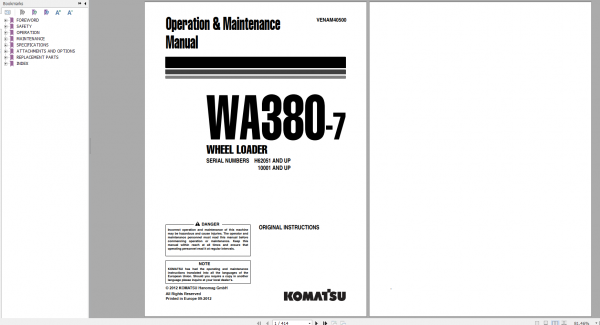 Komatsu Wheel Loader WA380 7 Operation Maintenance Manual VENAM40500 2012