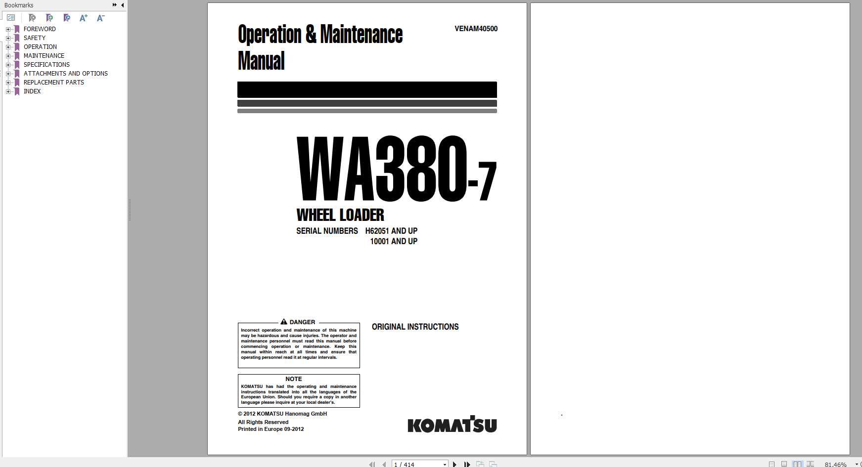 Komatsu Wheel Loader WA380 7 Operation Maintenance Manual VENAM40500 2012