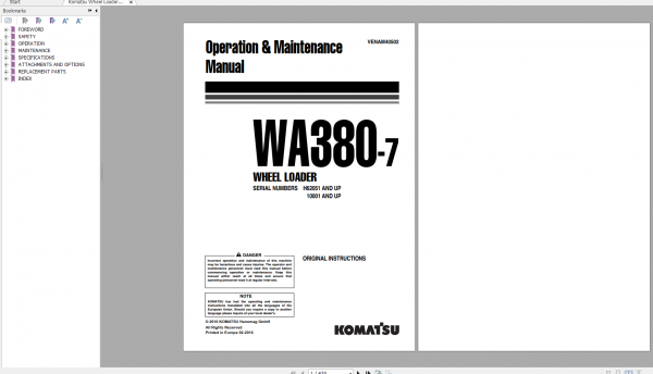 Komatsu Wheel Loader WA380 7 Operation Maintenance Manual VENAM40502 2016