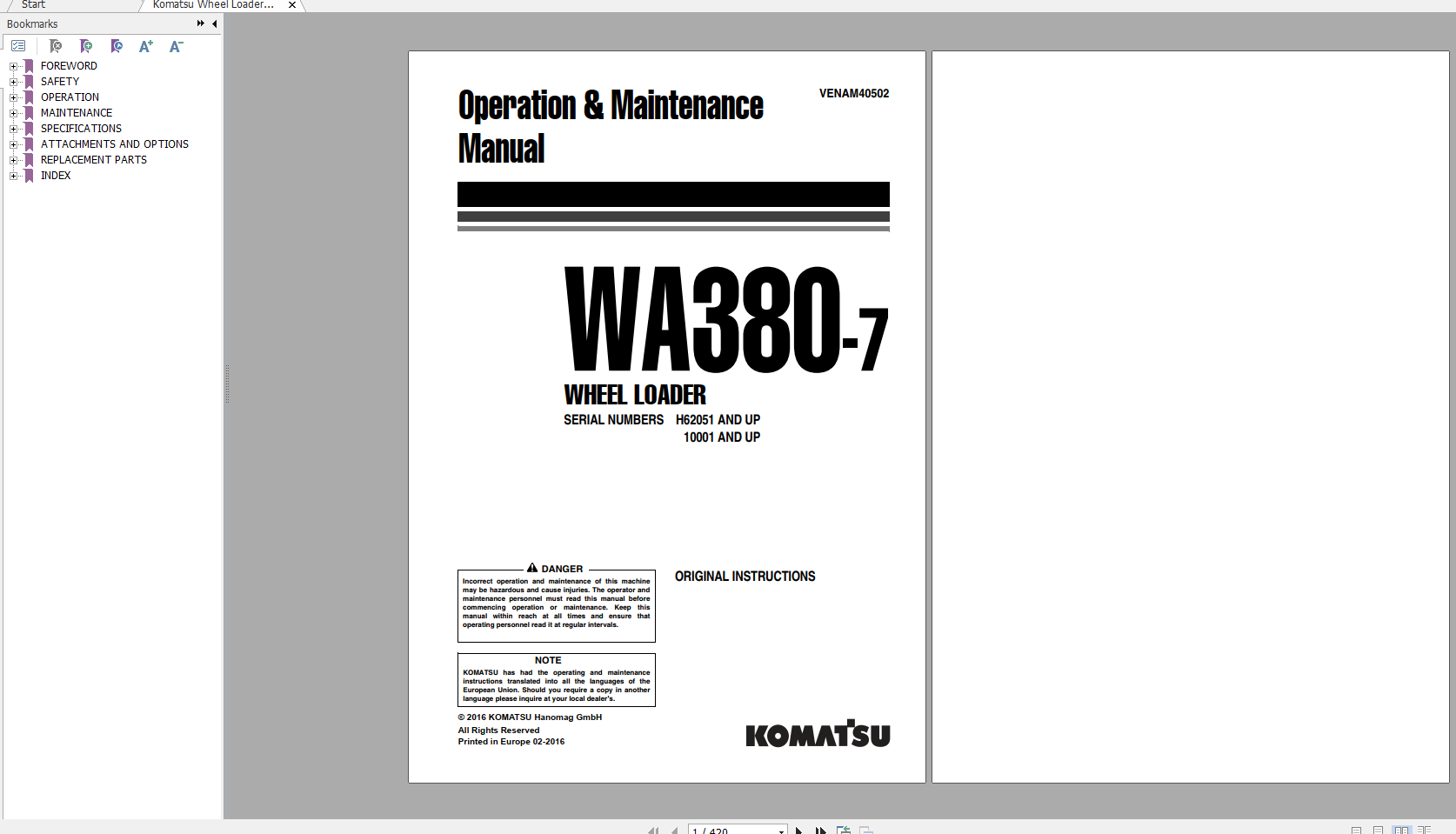 Komatsu Wheel Loader WA380 7 Operation Maintenance Manual VENAM40502 2016