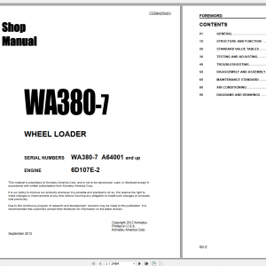 Komatsu Wheel Loader WA380 7 Shop Manual CEBM025603 2012