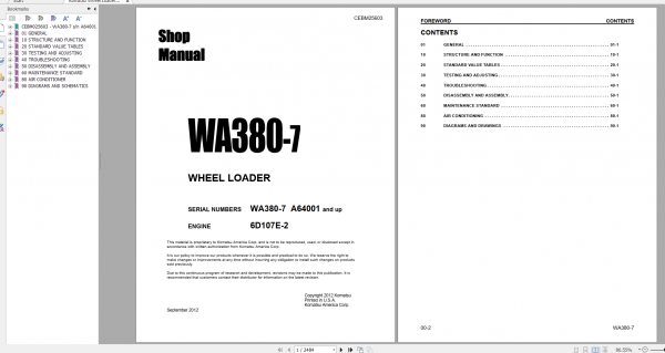 Komatsu Wheel Loader WA380 7 Shop Manual CEBM025603 2012