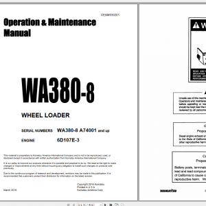 Komatsu Wheel Loader WA380 8 Engine 6D107E 3 Operation Maintenance Manual CEAM030201 2016