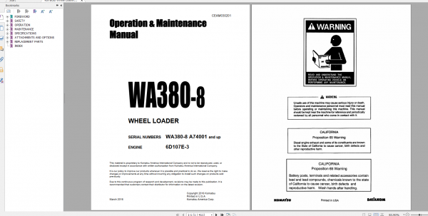 Komatsu Wheel Loader WA380 8 Engine 6D107E 3 Operation Maintenance Manual CEAM030201 2016
