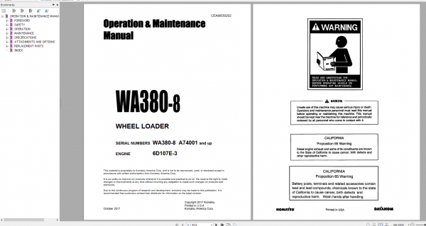 Komatsu Wheel Loader WA380 8 Engine 6D107E 3 Operation Maintenance Manual CEAM030202 2017