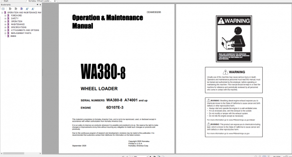 Komatsu Wheel Loader WA380 8 Engine 6D107E 3 Operation Maintenance Manual CEAM030206 2020