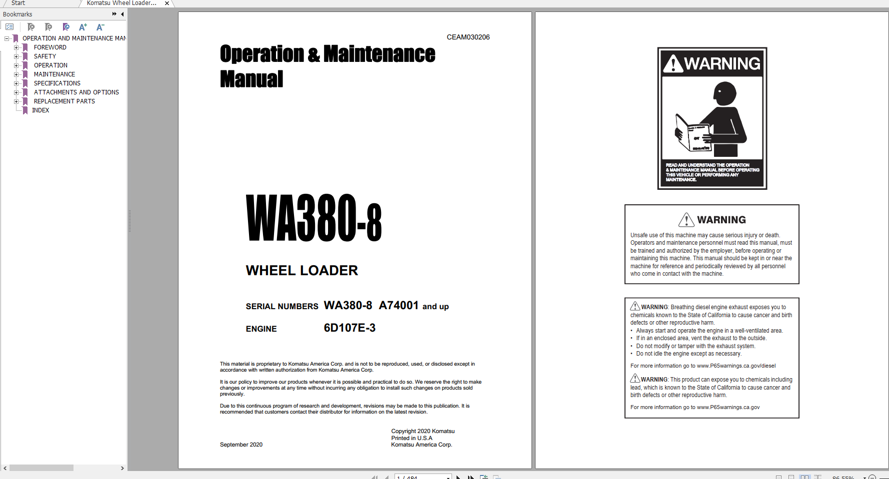 Komatsu Wheel Loader WA380 8 Engine 6D107E 3 Operation Maintenance Manual CEAM030206 2020