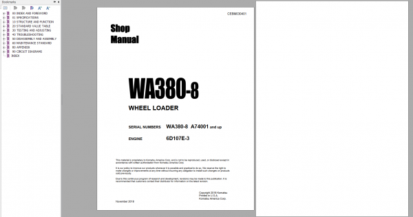 Komatsu Wheel Loader WA380 8 Engine 6D107E 3 Shop Manual CEBM030401 2018