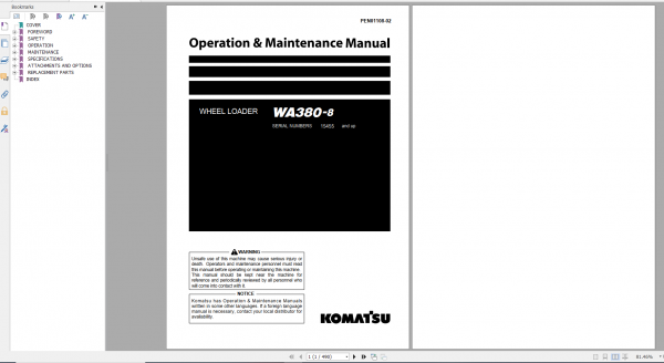 Komatsu Wheel Loader WA380 8 Operation Maintenance Manual PEN01108 02 2019