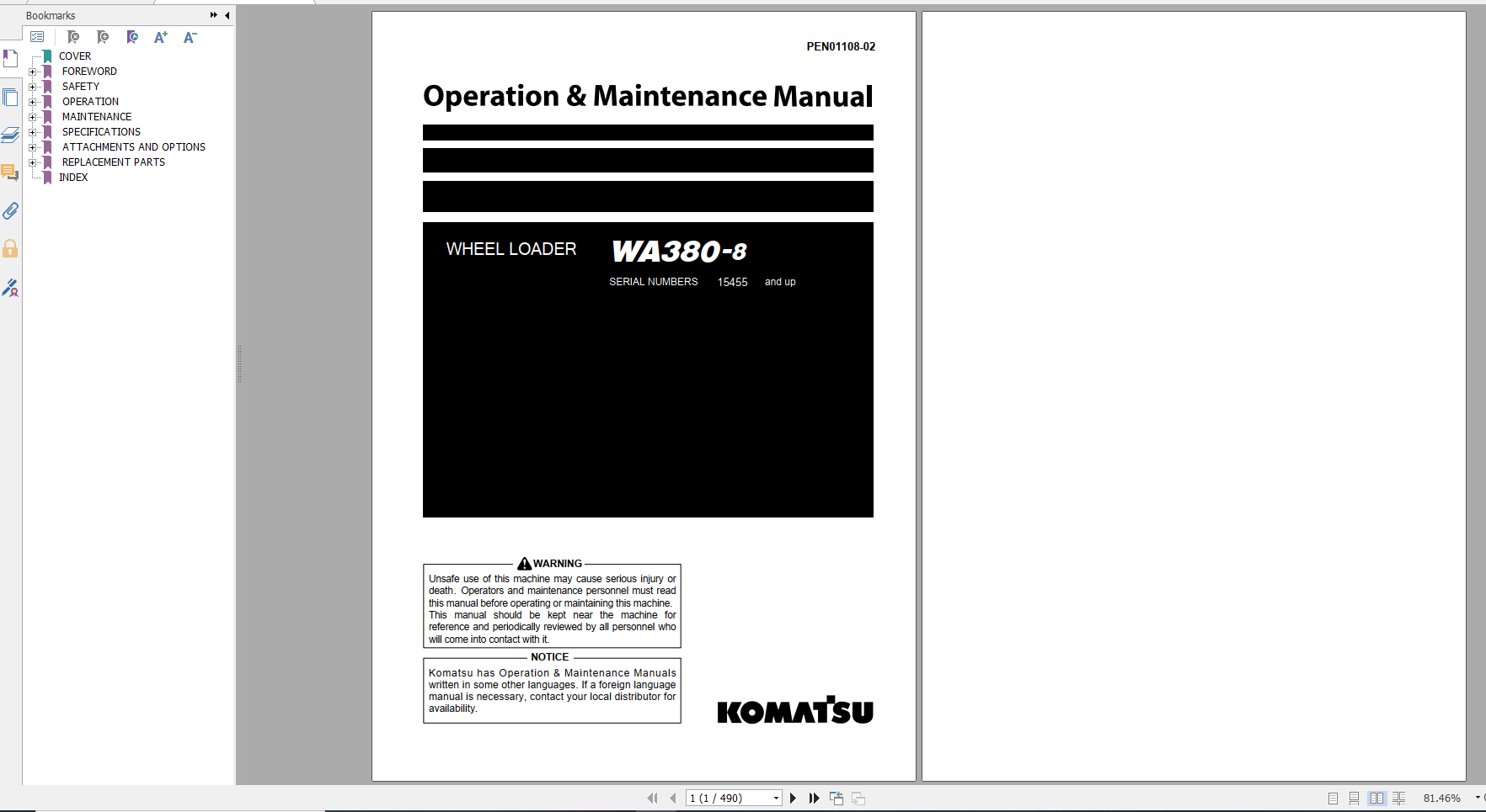 Komatsu Wheel Loader WA380 8 Operation Maintenance Manual PEN01108 02 2019
