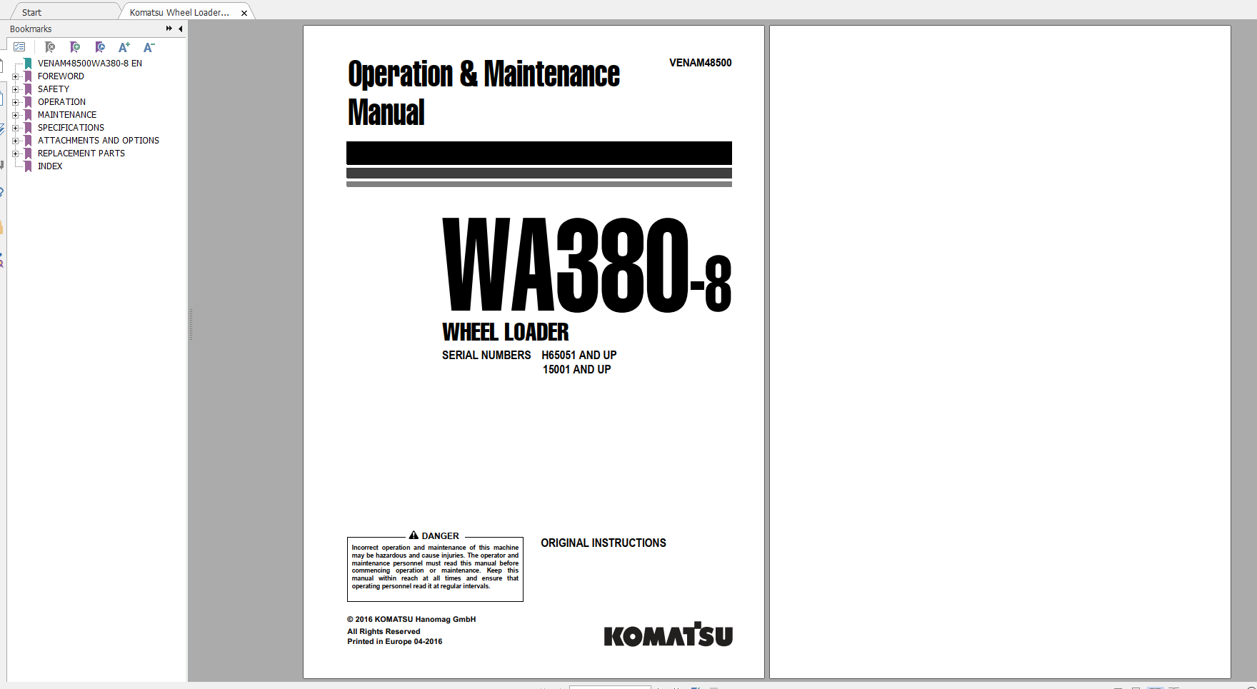 Komatsu Wheel Loader WA380 8 Operation Maintenance Manual VENAM48500 2016 1