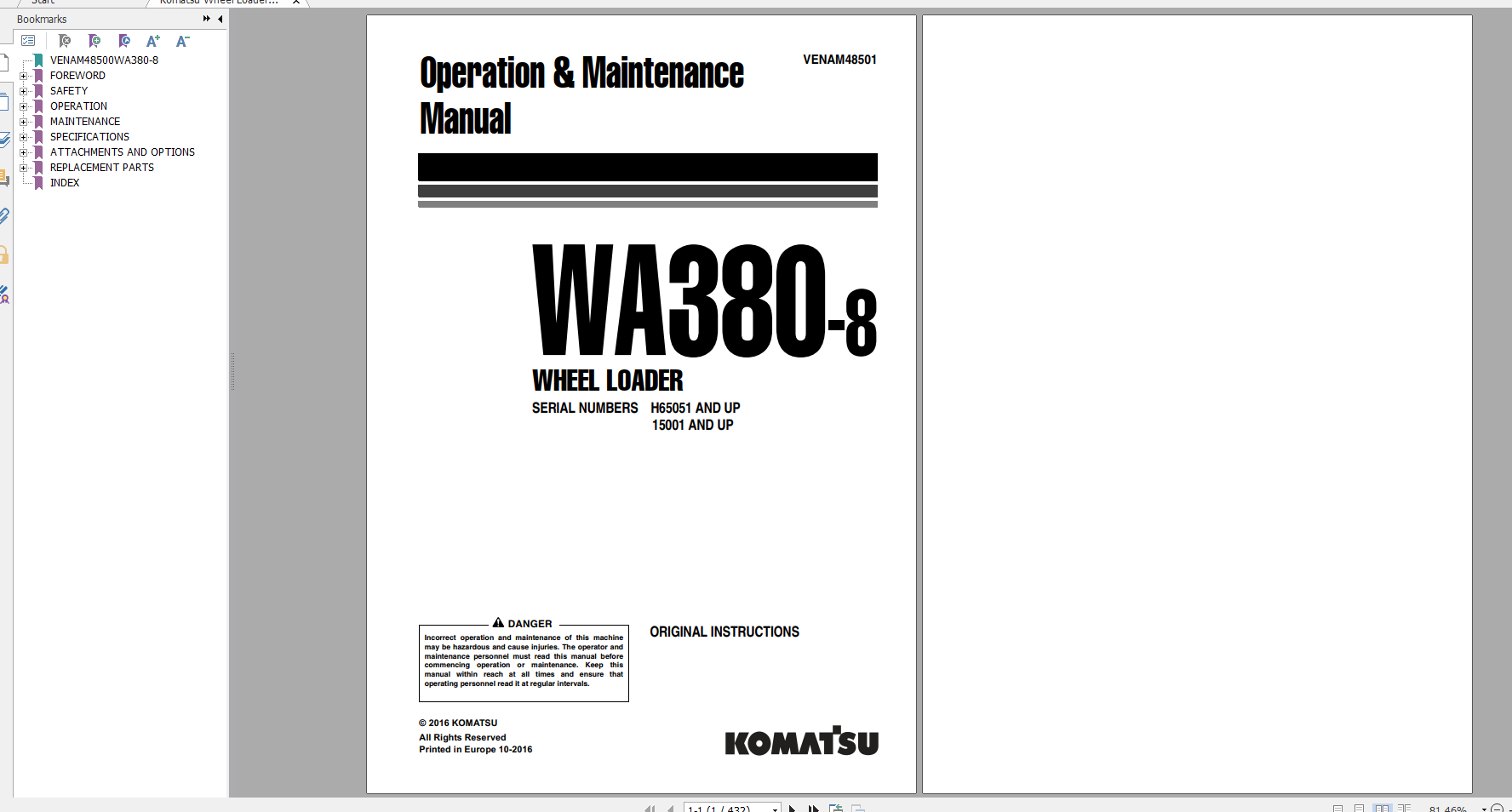 Komatsu Wheel Loader WA380 8 Operation Maintenance Manual VENAM48501 2016