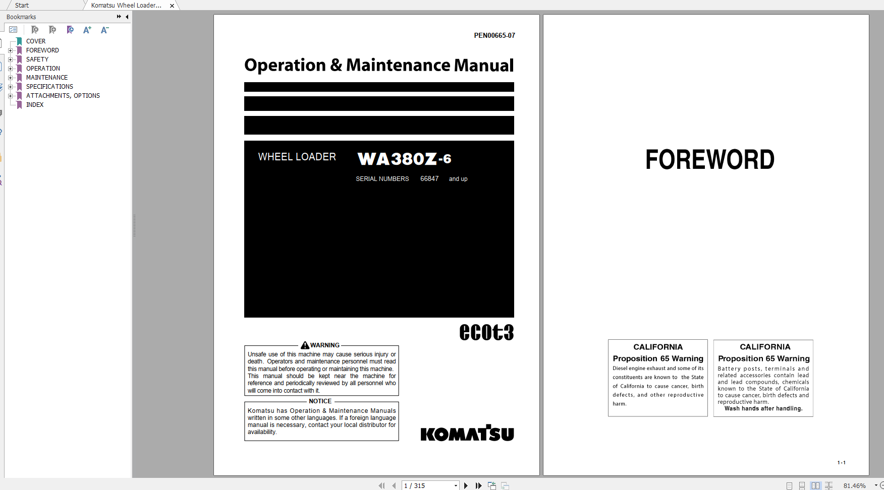 Komatsu Wheel Loader WA380Z 6 Operation Maintenance Manual PEN00665 07 2019