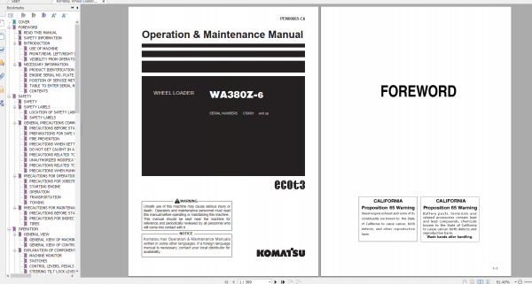 Komatsu Wheel Loader WA380Z 6 Operation Maintenance Manual PEN00665 C6 2018