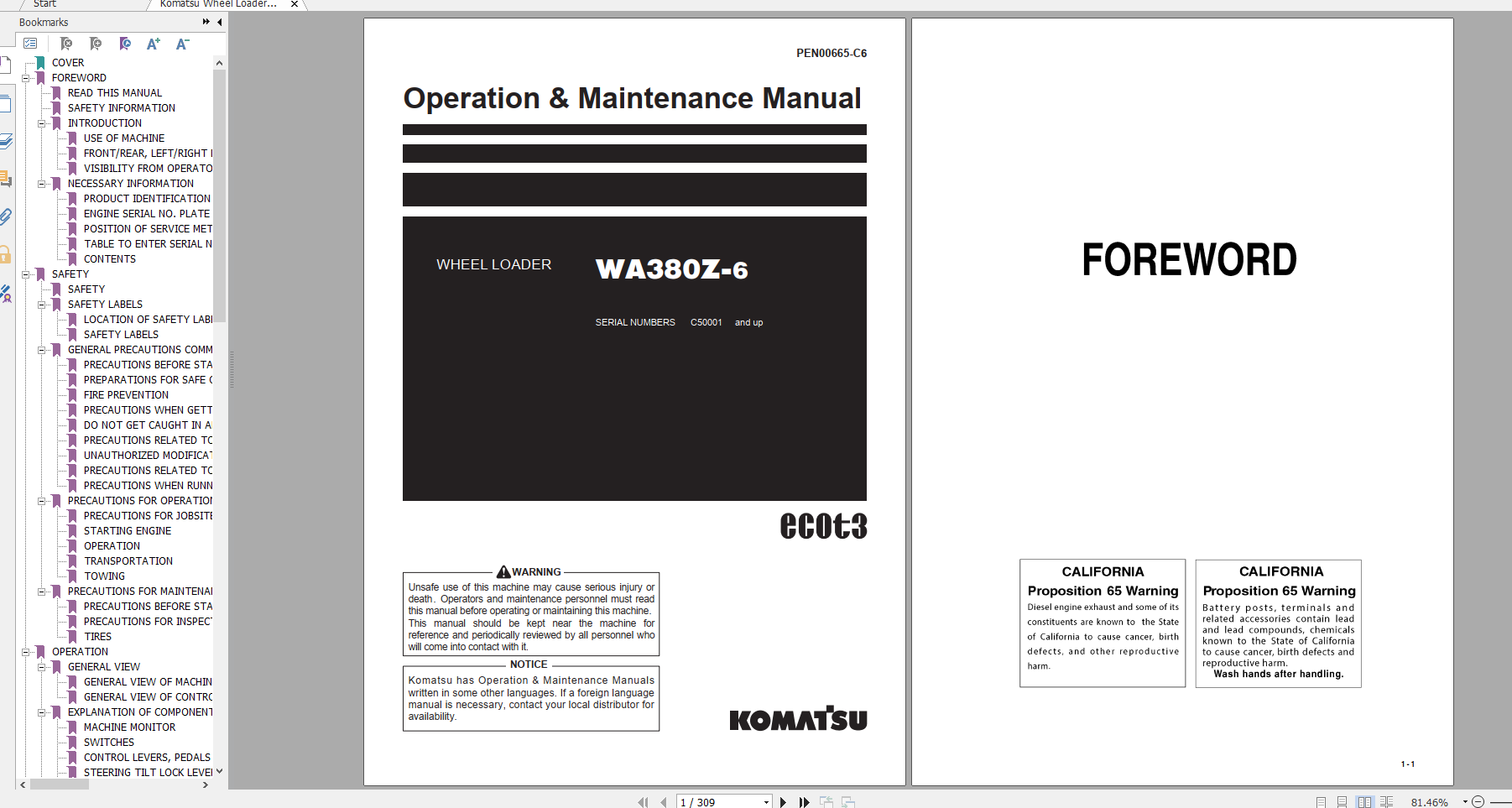 Komatsu Wheel Loader WA380Z 6 Operation Maintenance Manual PEN00665 C6 2018