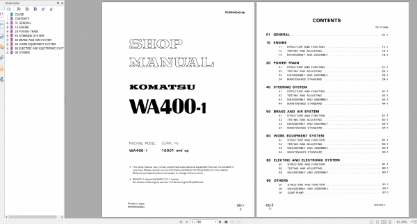 Komatsu Wheel Loader WA400 1 Shop Manual SEBM04240106 1990