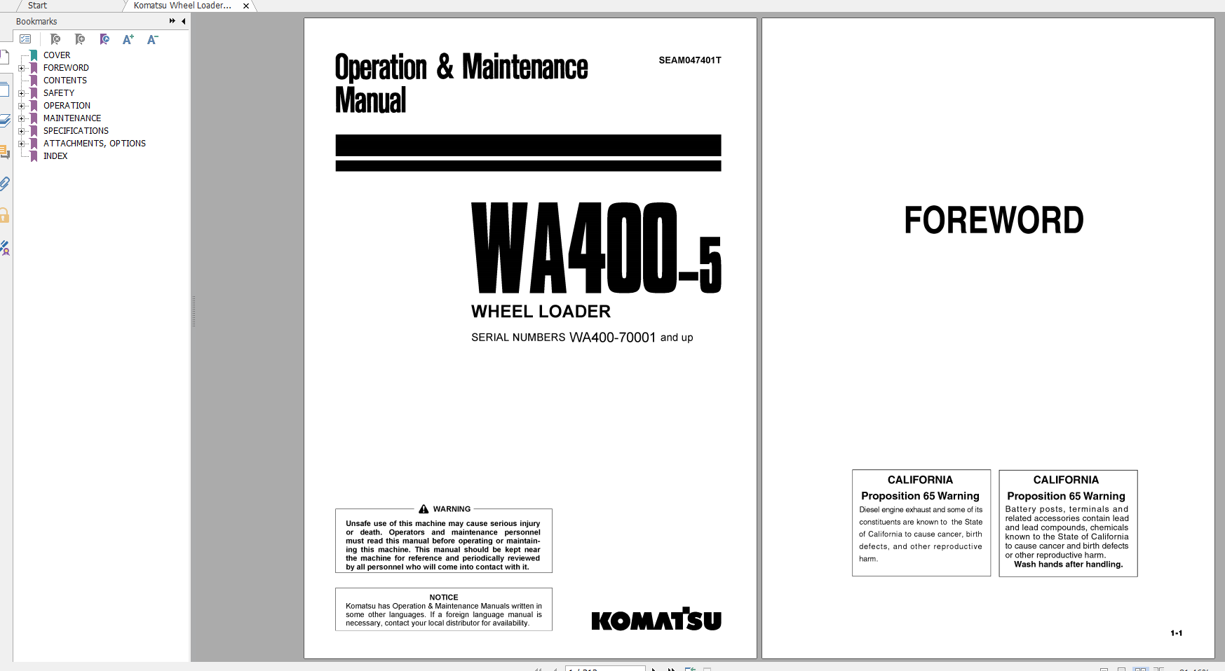 Komatsu Wheel Loader WA400 5 Operation Maintenance Manual SEAM047401T 2002