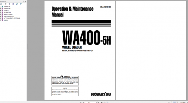 Komatsu Wheel Loader WA400 5H Operation Maintenance Manual VEAM210100