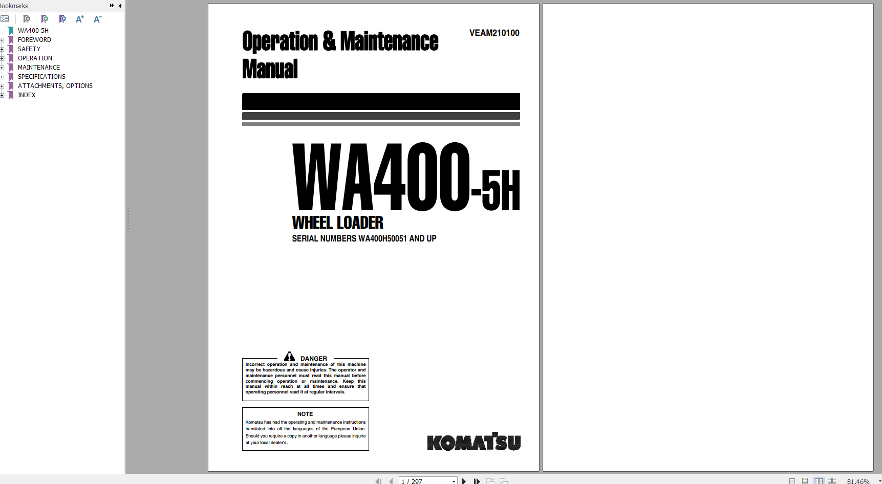 Komatsu Wheel Loader WA400 5H Operation Maintenance Manual VEAM210100