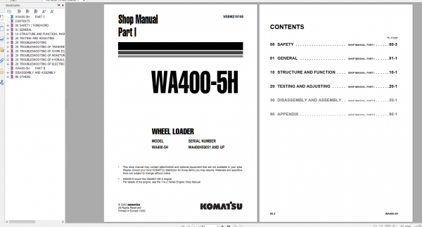 Komatsu Wheel Loader WA400 5H Part I Shop Manual VEBM210100 2002 1