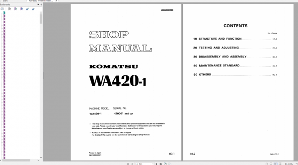 Komatsu Wheel Loader WA420 1 Shop Manual JEBM000200 1991