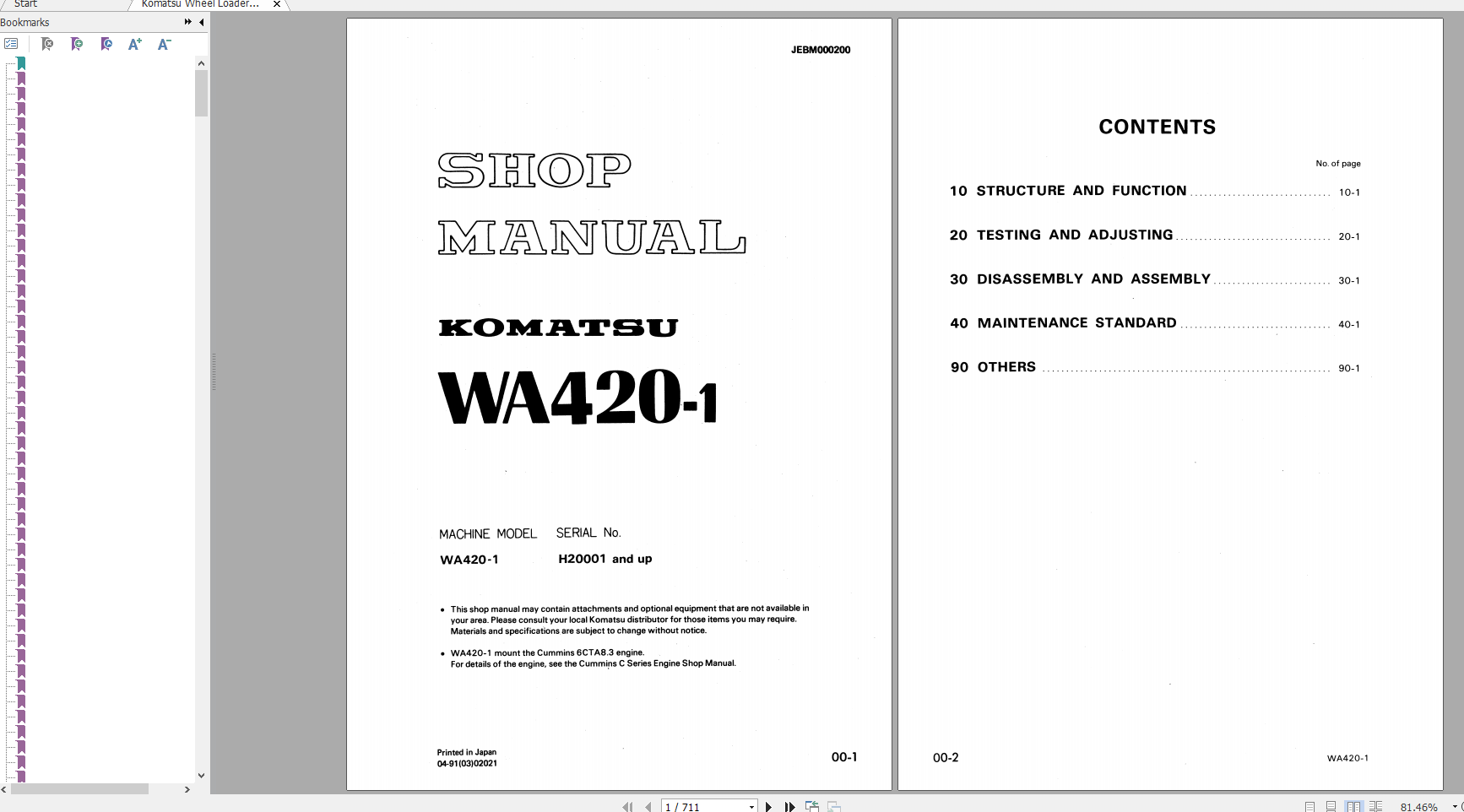 Komatsu Wheel Loader WA420 1 Shop Manual JEBM000200 1991