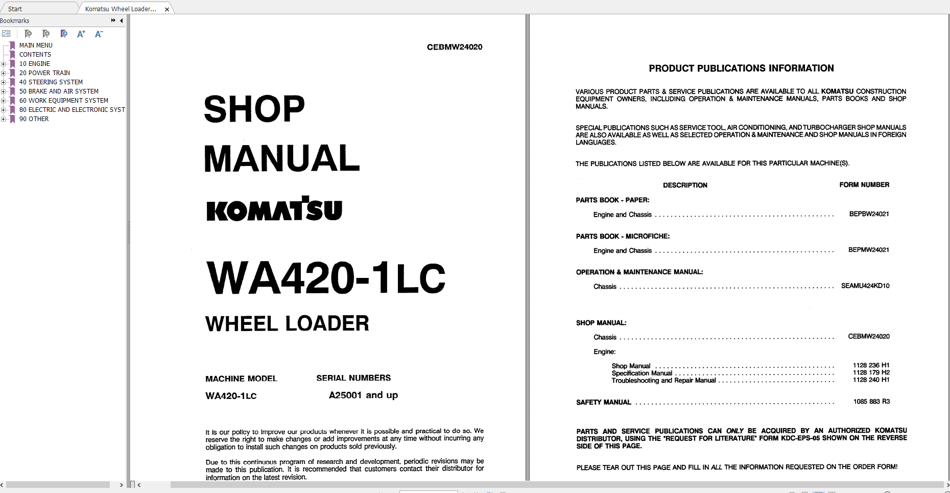 Komatsu Wheel Loader WA420 1LC Shop Manual CEBDW24020 1991