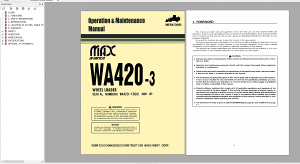 Komatsu Wheel Loader WA420 3 Operation Maintenance Manual OMEW4200M0