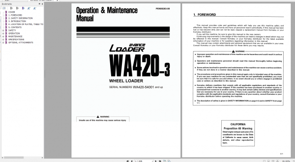 Komatsu Wheel Loader WA420 3 Operation Maintenance Manual PEN00263 00 2007