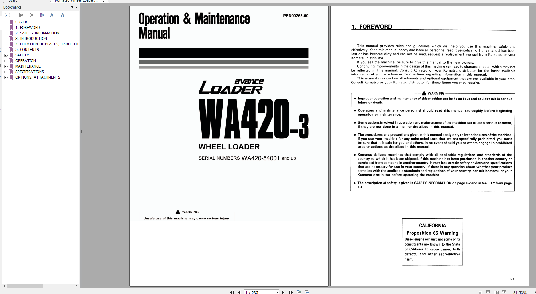 Komatsu Wheel Loader WA420 3 Operation Maintenance Manual PEN00263 00 2007