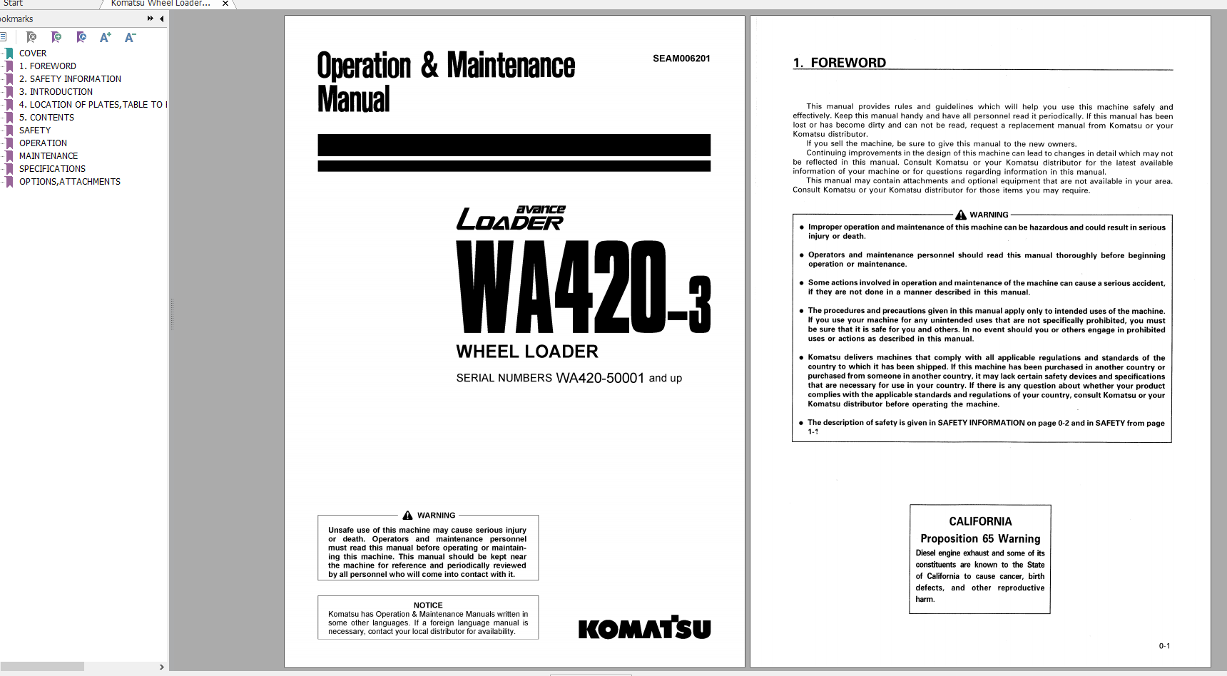 Komatsu Wheel Loader WA420 3 Operation Maintenance Manual SEAM006201