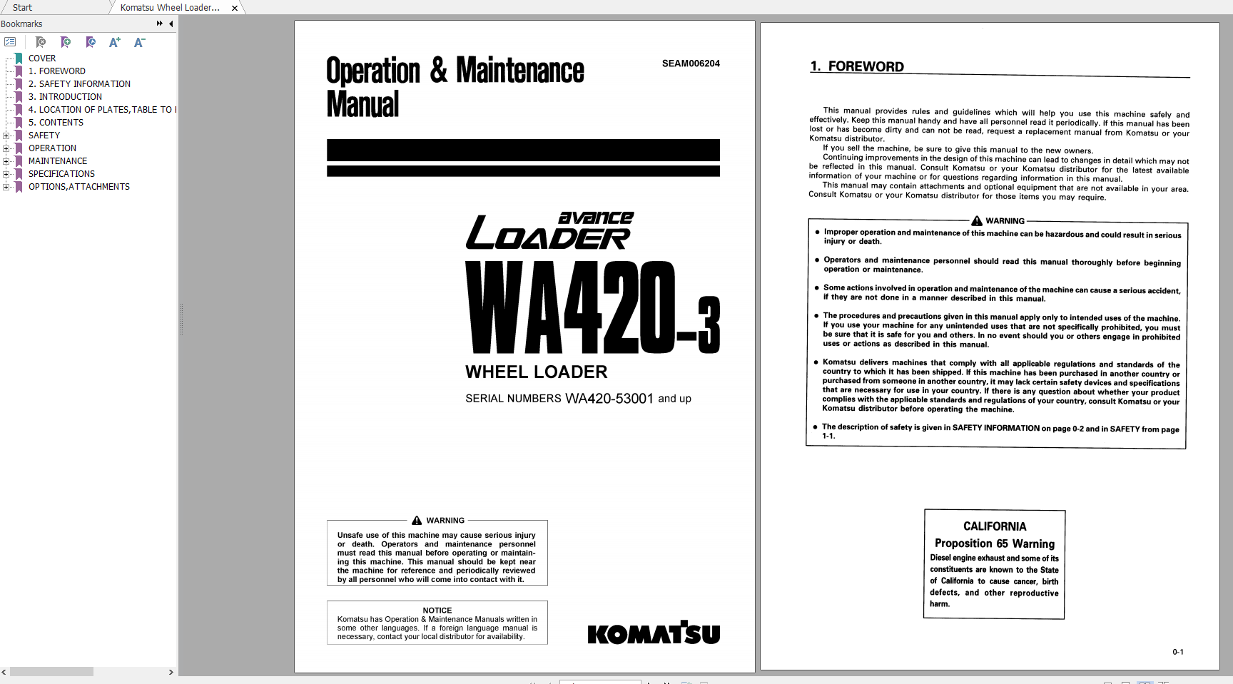 Komatsu Wheel Loader WA420 3 Operation Maintenance Manual SEAM006204 1999