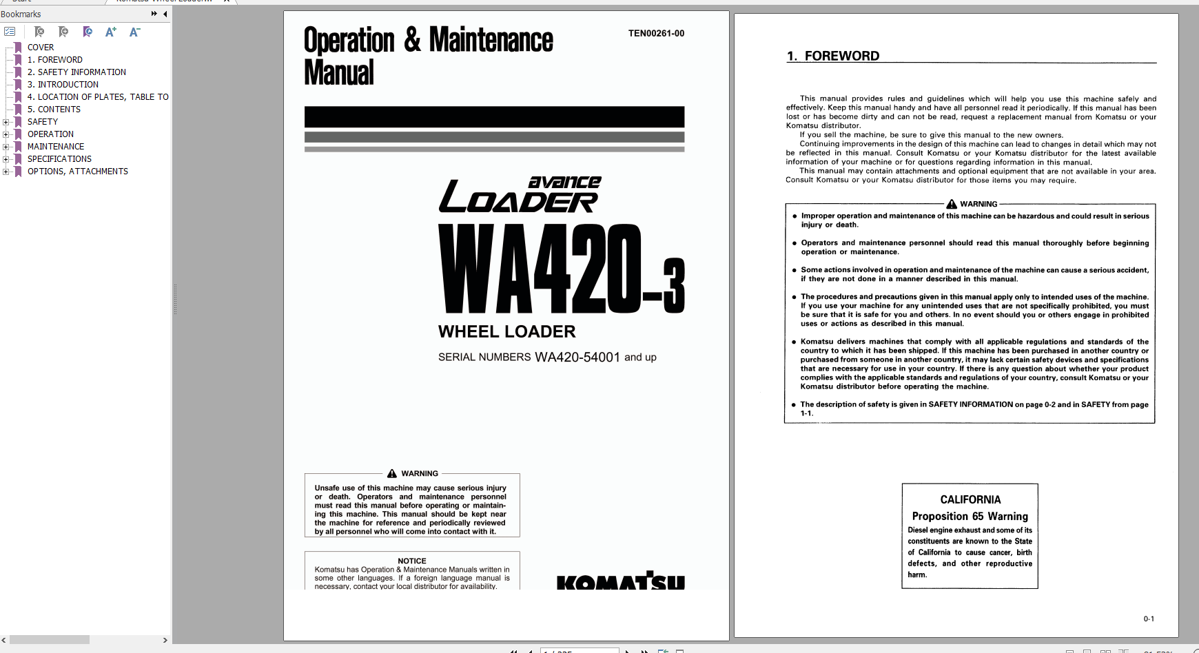 Komatsu Wheel Loader WA420 3 Operation Maintenance Manual TEN00261 00 2007