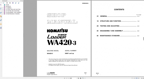 Komatsu Wheel Loader WA420 3 Shop Manual SEBM006204 1997