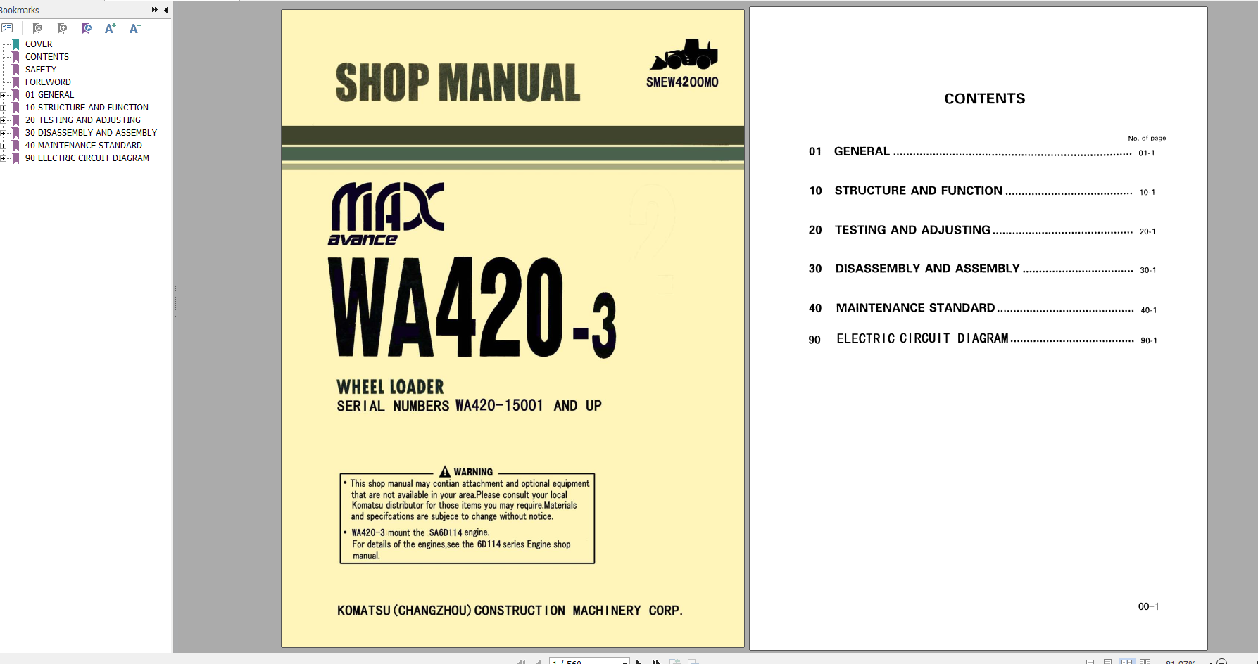 Komatsu Wheel Loader WA420 3 Shop Manual SMEW4200M0