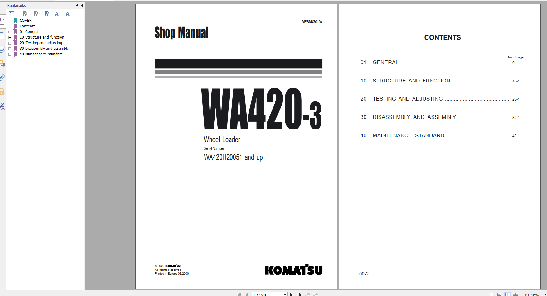 Komatsu Wheel Loader WA420 3 Shop Manual VEBM470104 2000