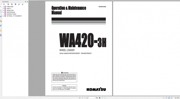 Komatsu Wheel Loader WA420 3H Operation Maintenance Manual VEAM470200 1999