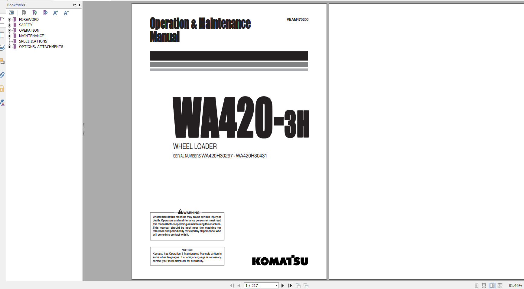 Komatsu Wheel Loader WA420 3H Operation Maintenance Manual VEAM470200 1999