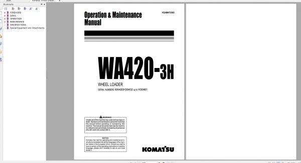 Komatsu Wheel Loader WA420 3H Operation Maintenance Manual VEAM470300 2000