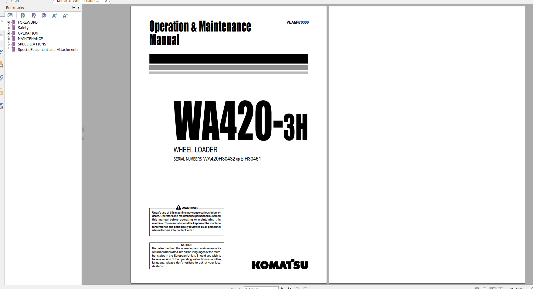 Komatsu Wheel Loader WA420 3H Operation Maintenance Manual VEAM470300 2000