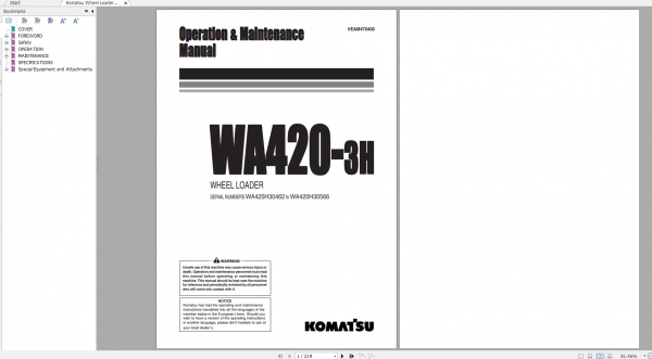 Komatsu Wheel Loader WA420 3H Operation Maintenance Manual VEAM470400 2001